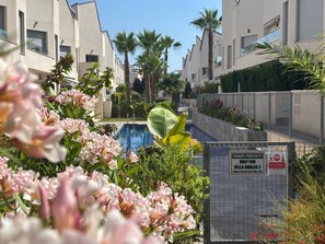 A gated private property with a swimming pool, surrounded by modern buildings and palm trees. - Villa Amalia 9: Ground floor with garden (Torrevieja)