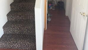 Eine Treppe mit Leopardenmuster-Teppich, die zu einer Tür führt.