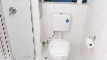 A modern bathroom with a toilet, bidet, and shower.