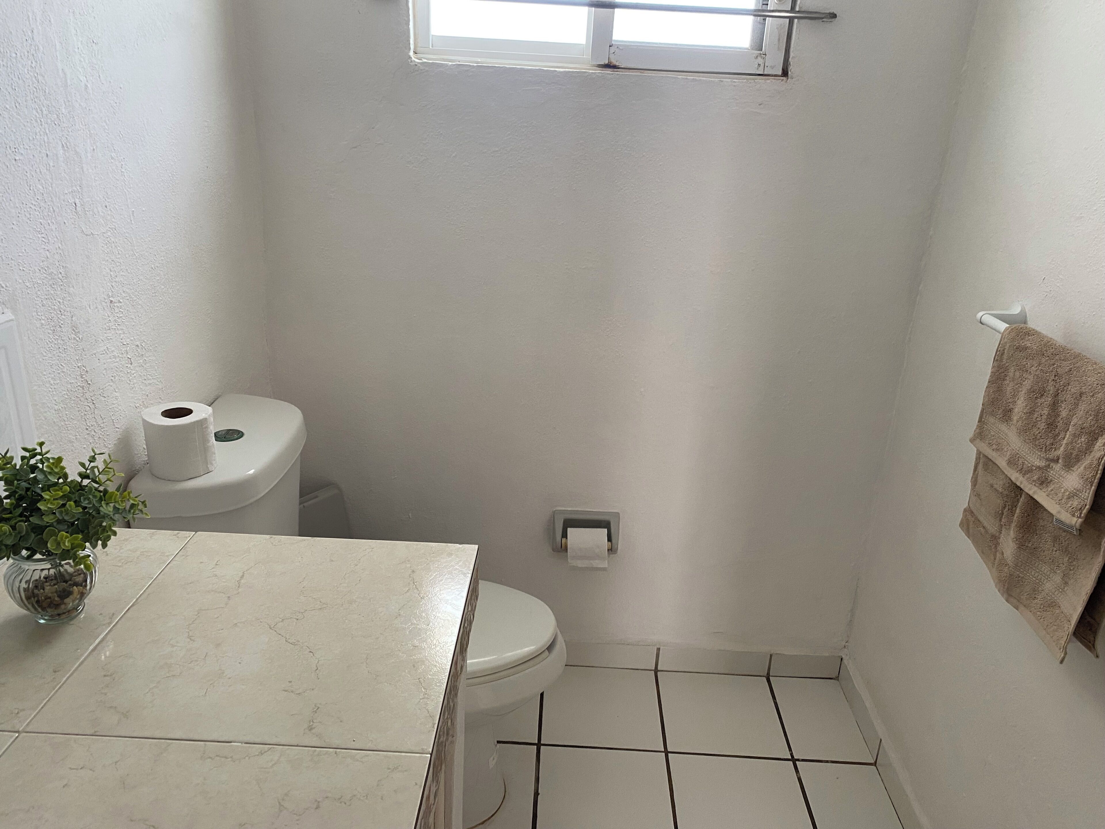 A small, white bathroom with a toilet, a towel rack, and a window.