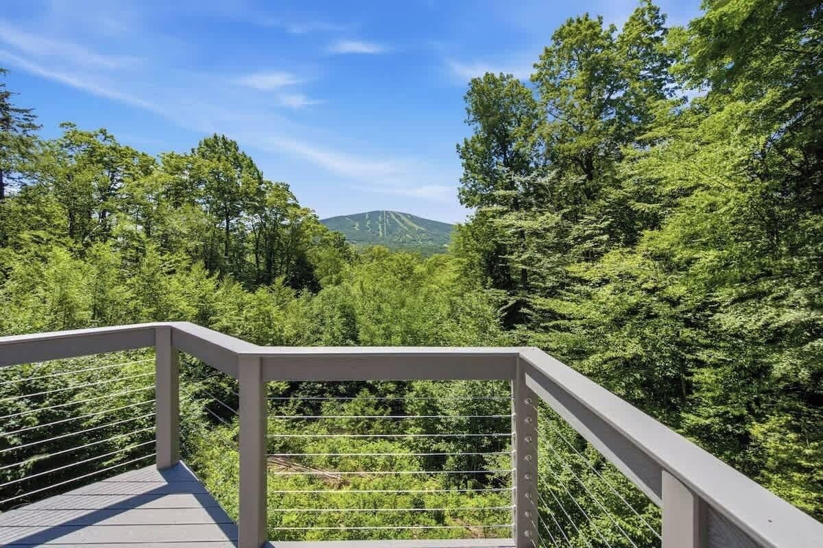 Eine Holzterrasse mit Metallgeländer, die auf einen bewaldeten Bereich mit einem Berg im Hintergrund blickt.