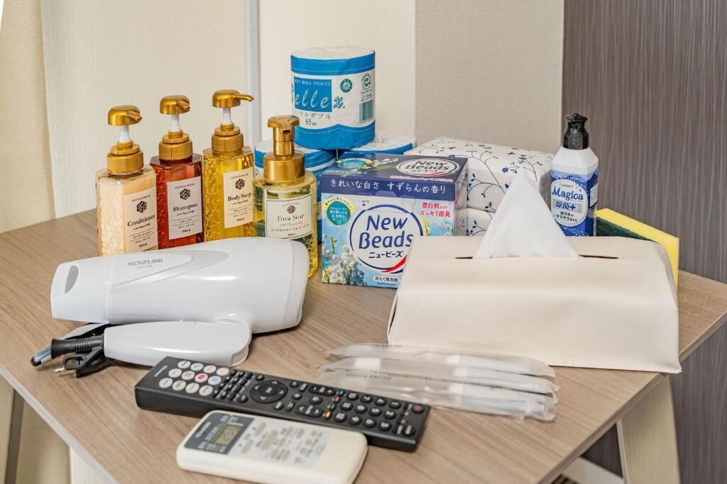 Habitación de hotel con artículos de aseo, un secador de pelo, un mando a distancia y una caja de pañuelos.