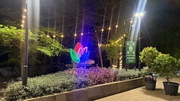 A well-lit pathway leading to a building with a neon lotus flower sign, surrounded by greenery and a paved area with directional signage.