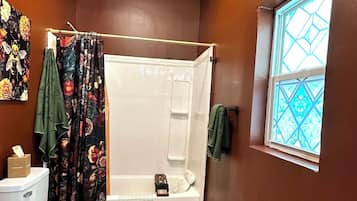 Hair dryer, towels, soap, toilet paper