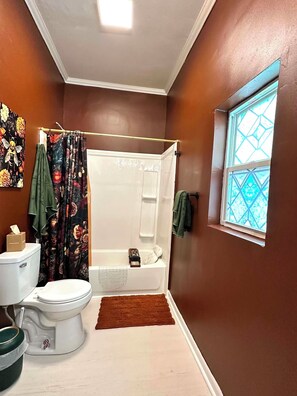 Hair dryer, towels, soap, toilet paper