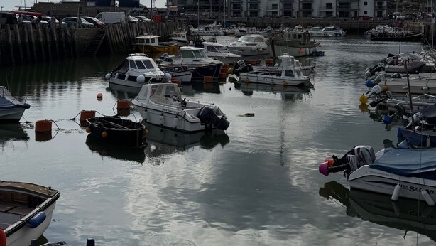 A marina with various boats docked, a wooden pier, and buildings in the background.