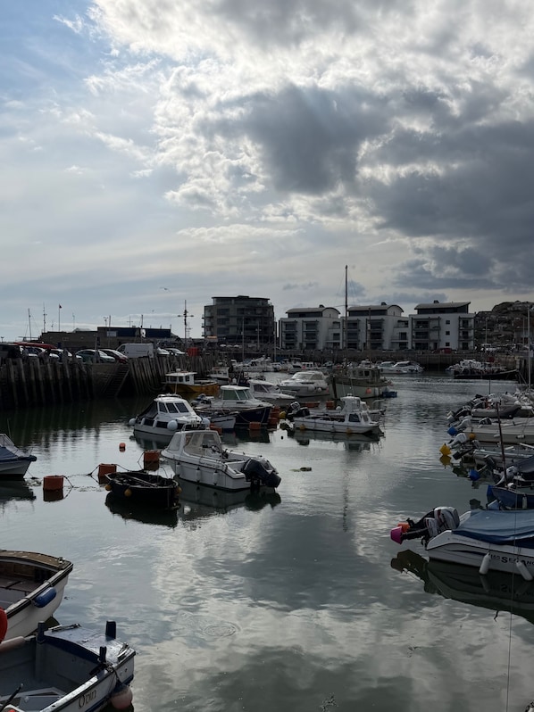 A marina with various boats docked, a wooden pier, and buildings in the background.