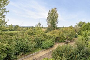 Un jardin avec un feuillage luxuriant, un sentier en pierre et une fontaine rustique.