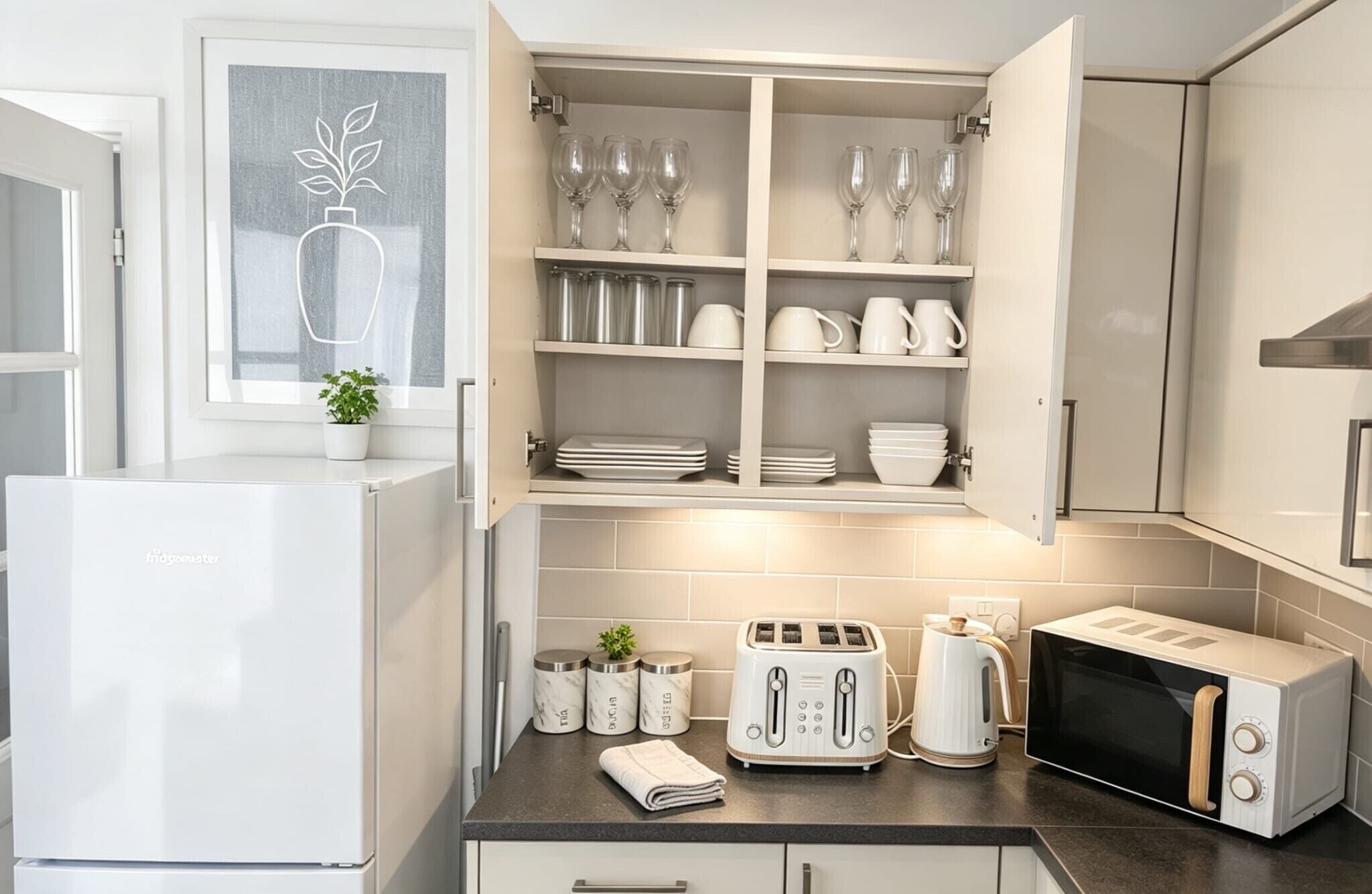 Fridge, microwave, oven, stovetop
