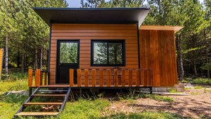 A modern cabin with a wooden exterior, two windows, and a small porch.