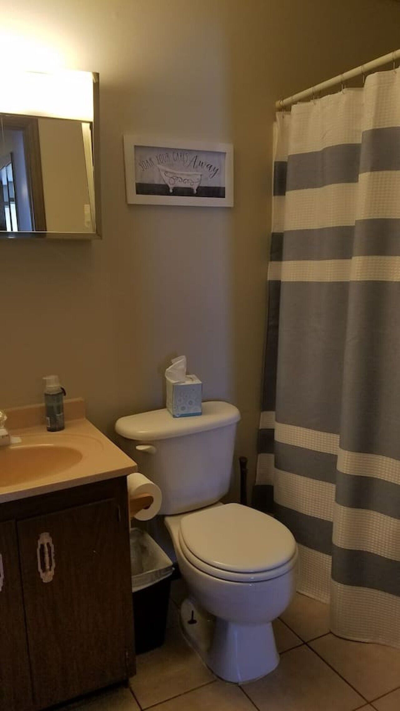 A bathroom with a toilet, sink, and a shower curtain.