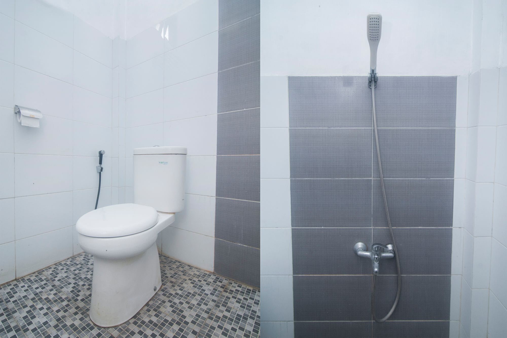 Ein Badezimmer mit Toilette, Bidet und Dusche.