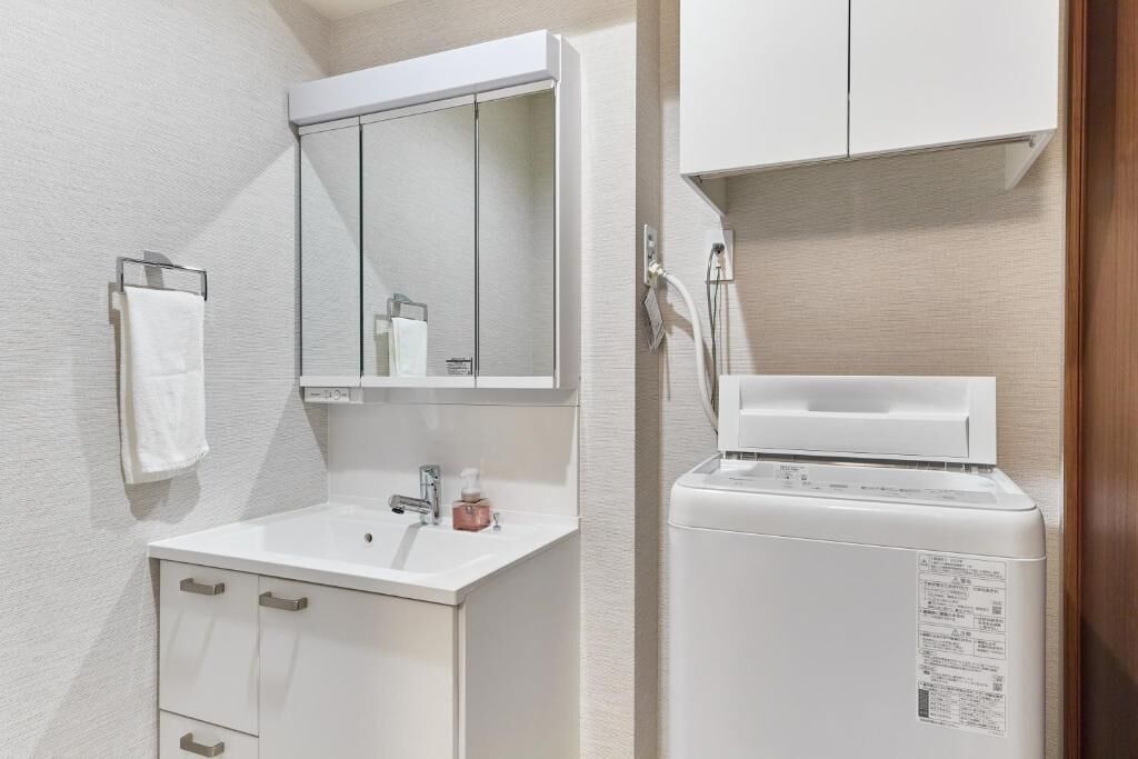Un baño con un lavamanos blanco, un espejo, un perchero para toallas y una lavadora blanca.