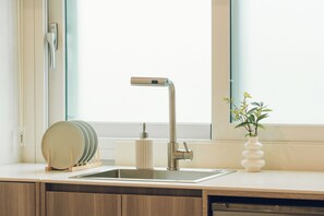 Una cocina moderna con un lavamanos de acero inoxidable, un armario de madera y una planta en el alféizar.