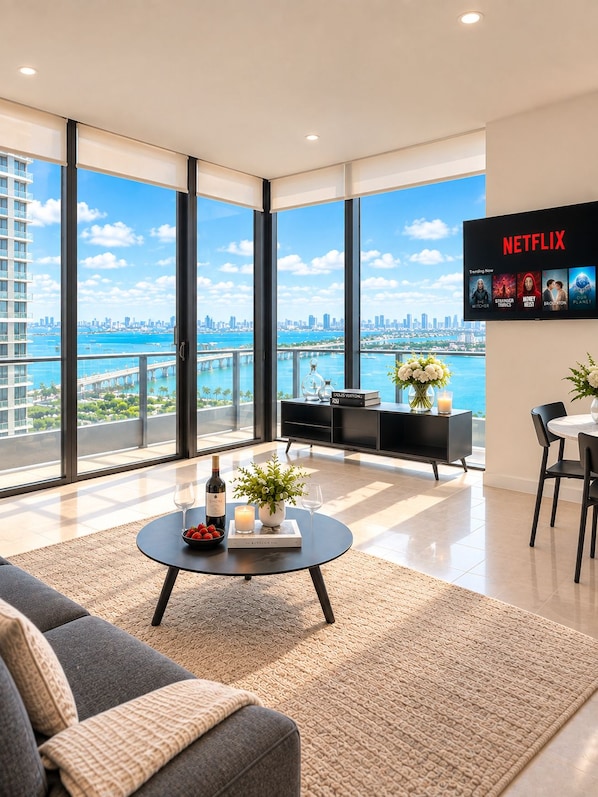 A modern living room with a large window, a black entertainment unit, and a view of the city skyline.
