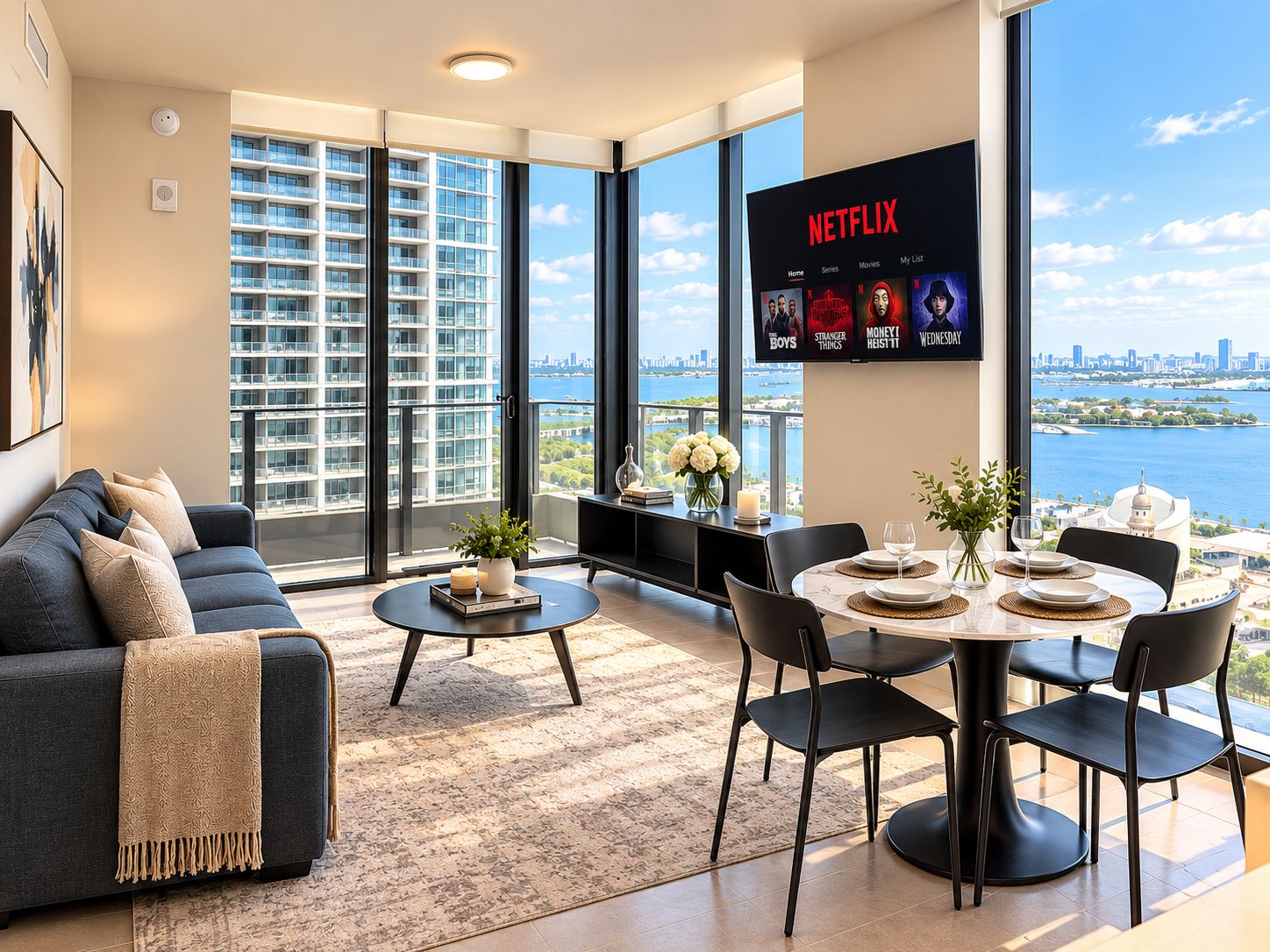 A modern living room with a large window, a sofa, a coffee table, and a dining area with chairs and a table.