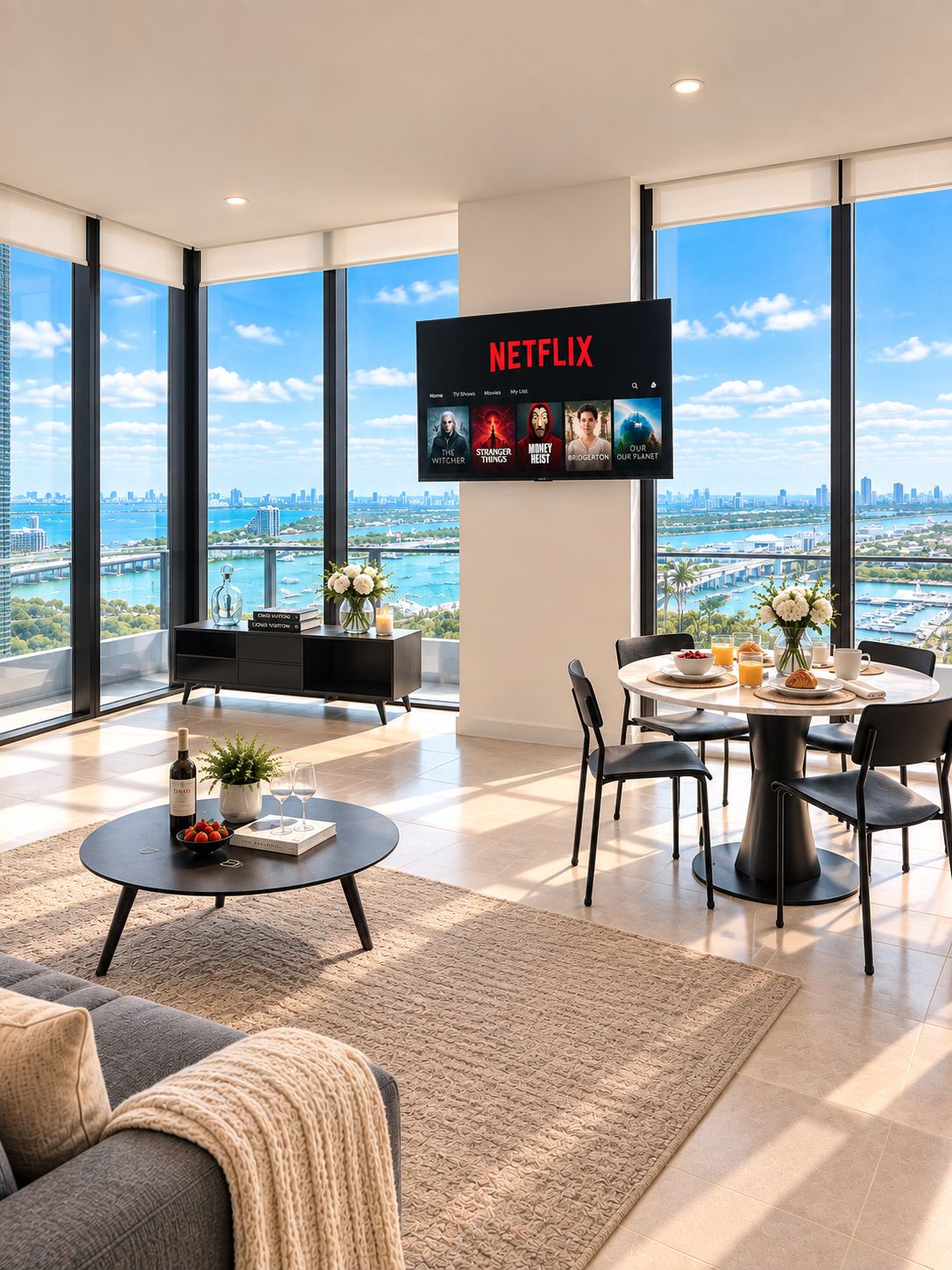 Un salon moderne doté d’un grand téléviseur diffusant du contenu Netflix, d’un coin repas offrant une vue sur la ville et d’un espace salon confortable avec vue sur l’eau.