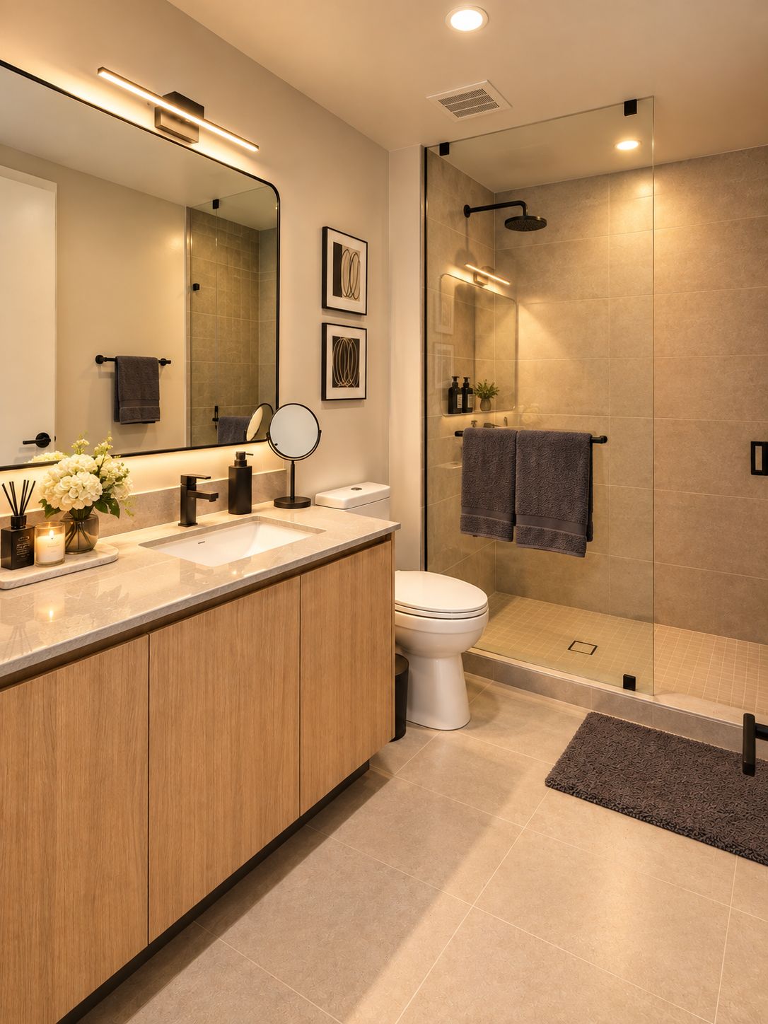 Un baño moderno con tocador doble lavamanos, inodoro, ducha con cerramiento de vidrio y un espejo grande.