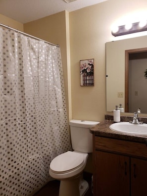 Un baño con inodoro, lavamanos, cortina de ducha y espejo.