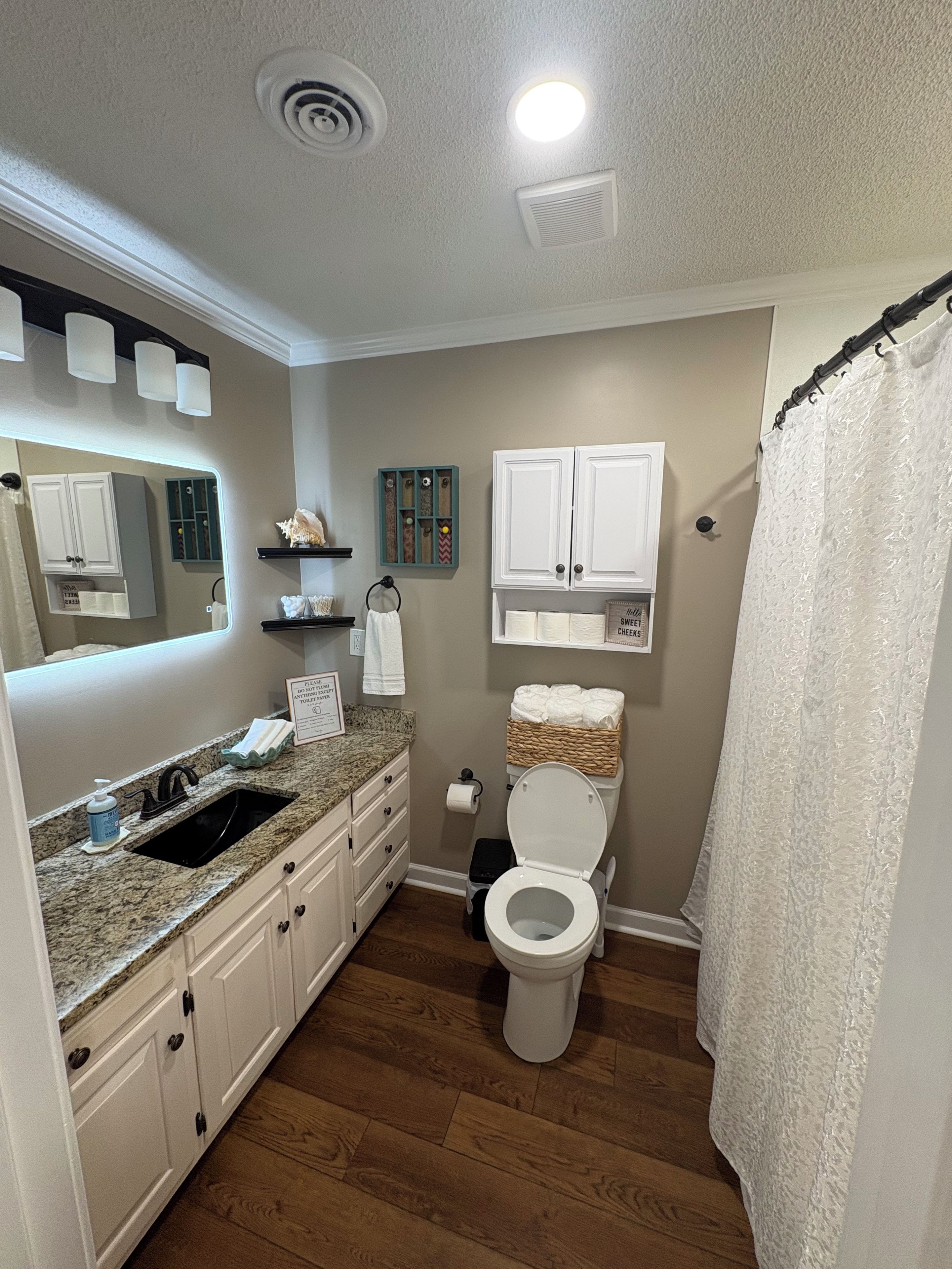Une salle de bain avec un lavabo, des toilettes et un rideau de douche.