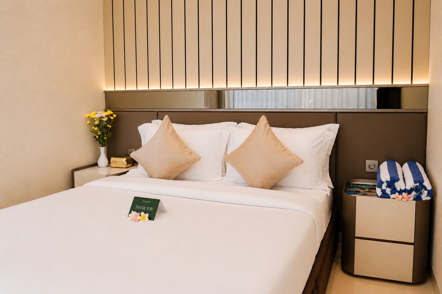 A hotel room with a bed, pillows, a nightstand with a vase of flowers, a thank you card, and a magazine.