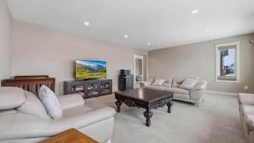 Smart TV, fireplace, books, computer monitors