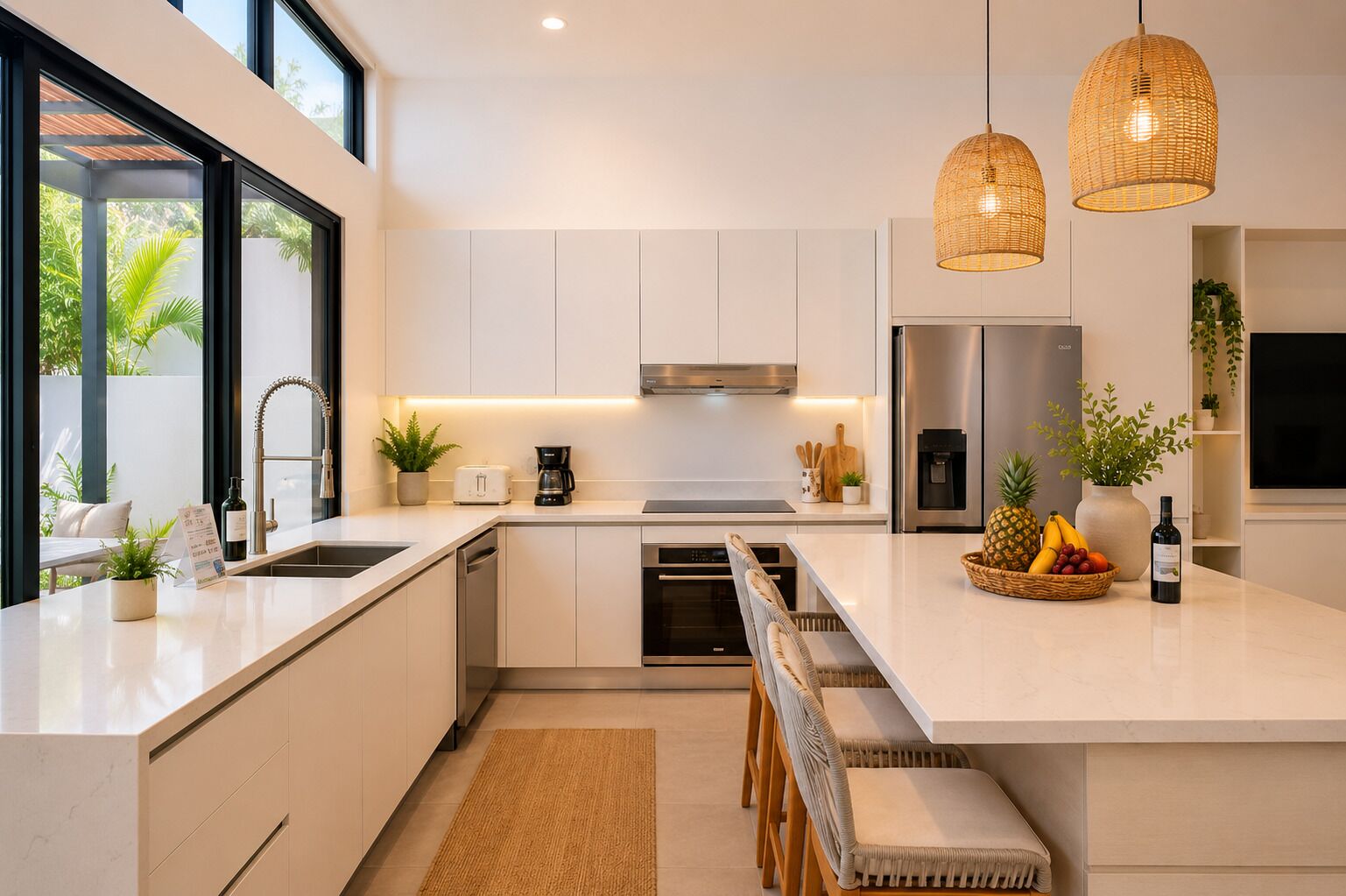 A modern kitchen with white cabinetry, a stainless steel refrigerator, a built-in oven, and a large island with a fruit bowl and wine bottle.
