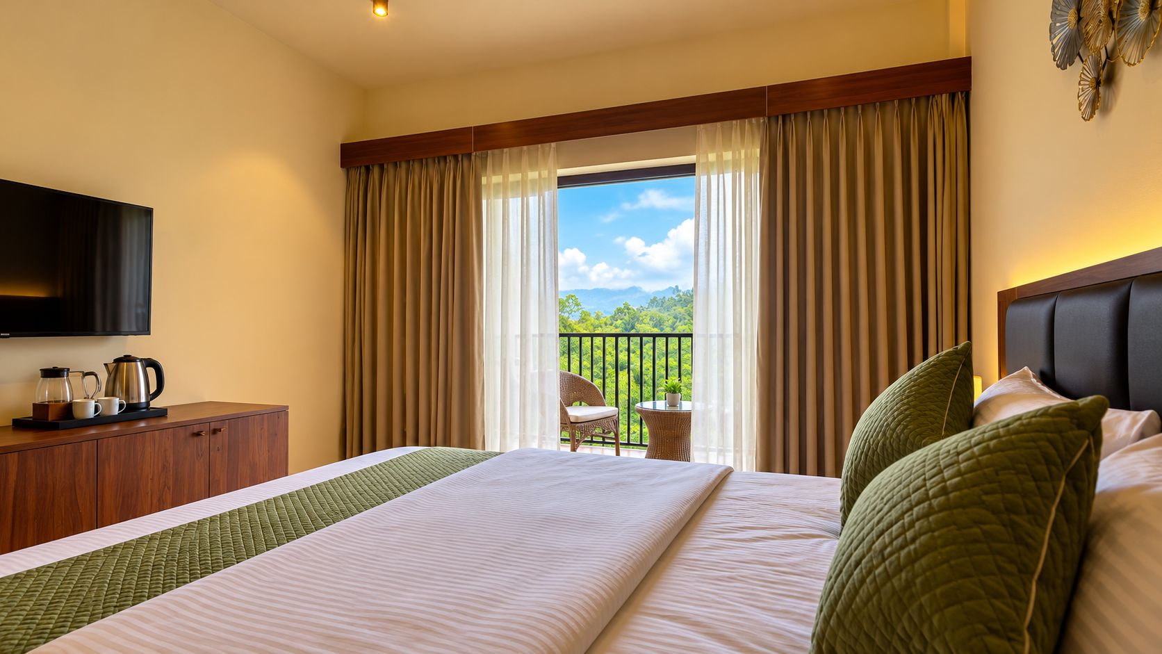 A hotel room with a bed, a television, a coffee maker, and a view of the outdoors.