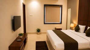 A hotel room with a bed, bedside table, TV, and a small potted plant.