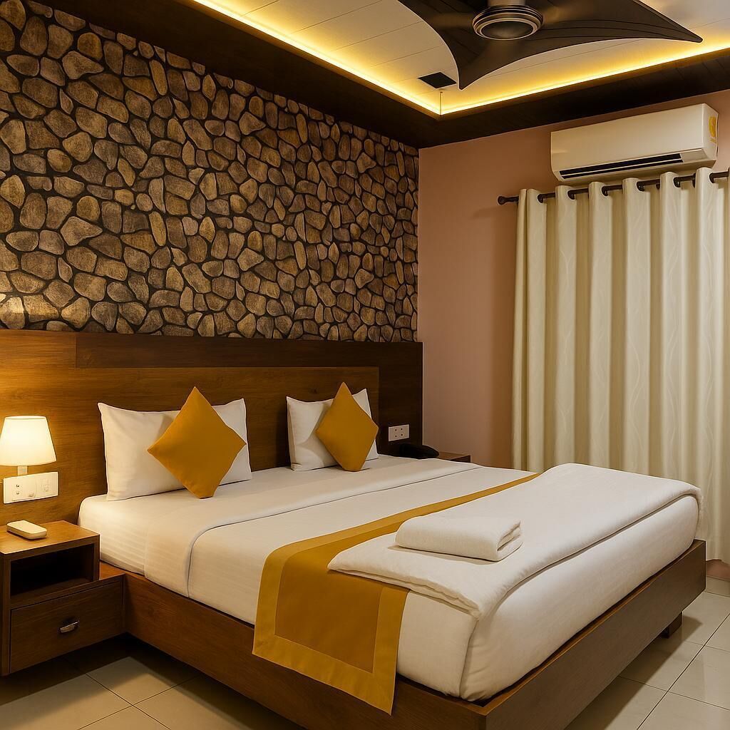 A hotel room with a stone wall, a bed with white bedding and gold accents, a nightstand with a lamp, and an air conditioning unit.