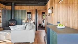Un interior moderno con un sofá, una chimenea y una encimera de cocina.