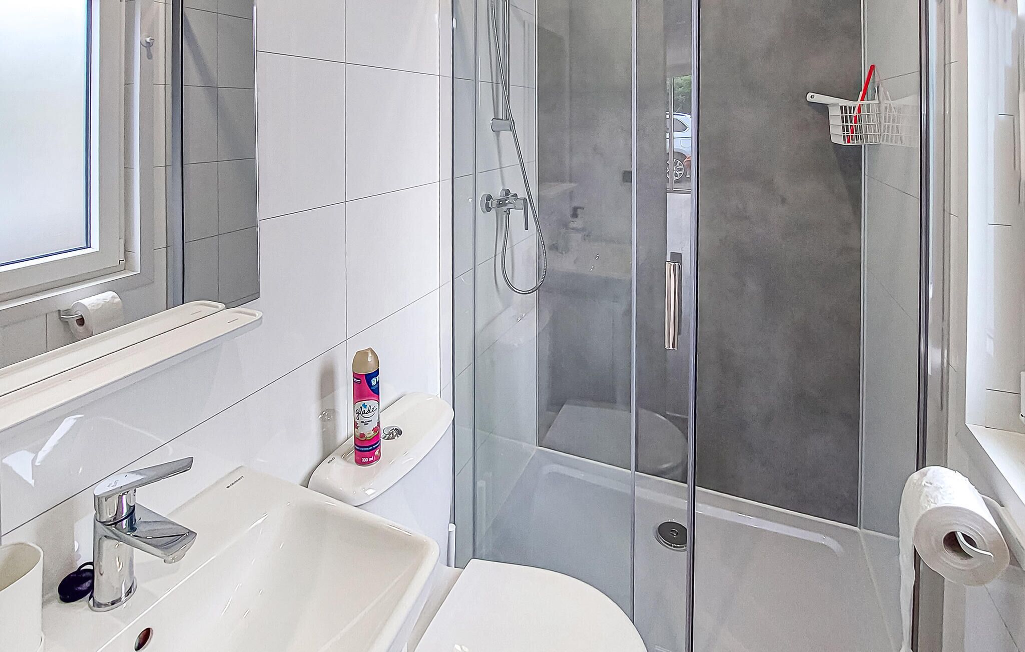 Une salle de bain moderne avec une douche à parois de verre, un lavabo blanc et des toilettes.
