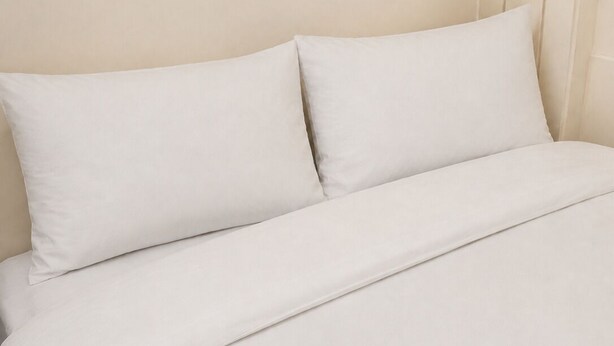 Un lit avec un matelas blanc et deux oreillers.