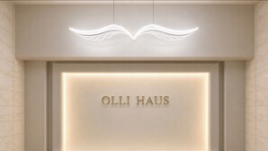 Un espace d’accueil au design moderne, avec une enseigne « OLLI HAUS » bien visible et un luminaire original en forme d’aile au-dessus.