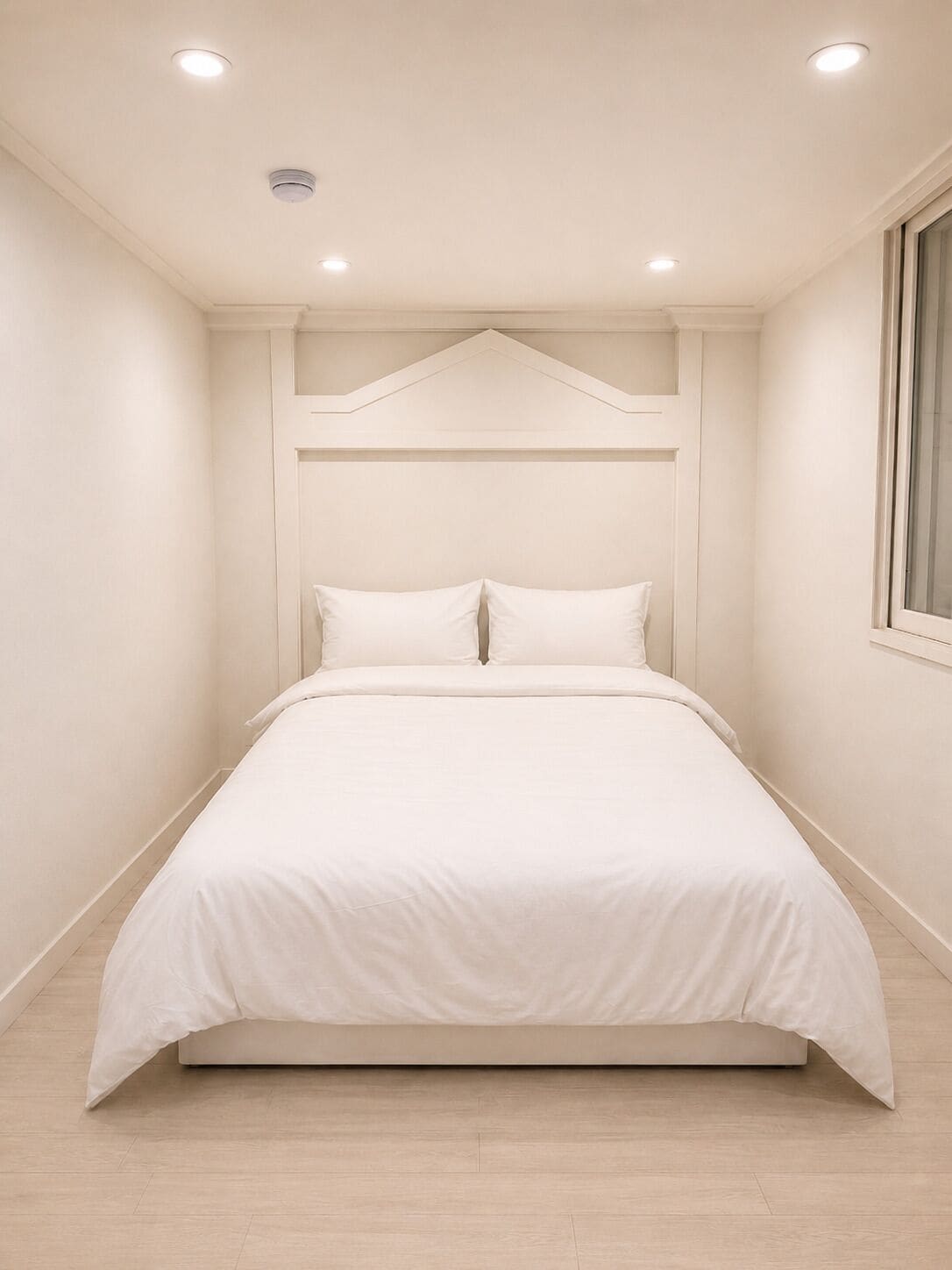 Un dormitorio con cama, cabecera y ventana.
