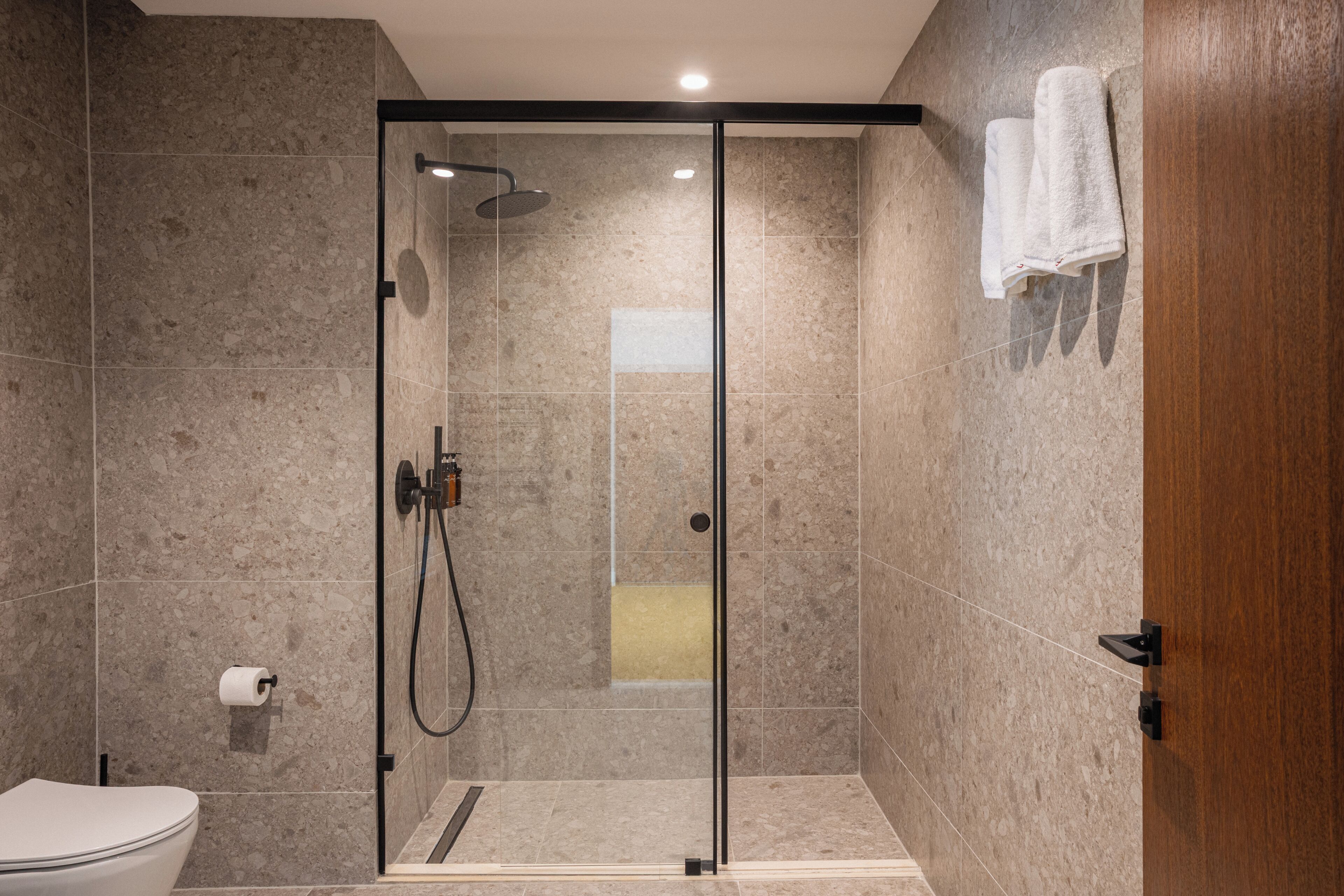 A modern bathroom with a glass-enclosed shower, a toilet, and a towel rack.