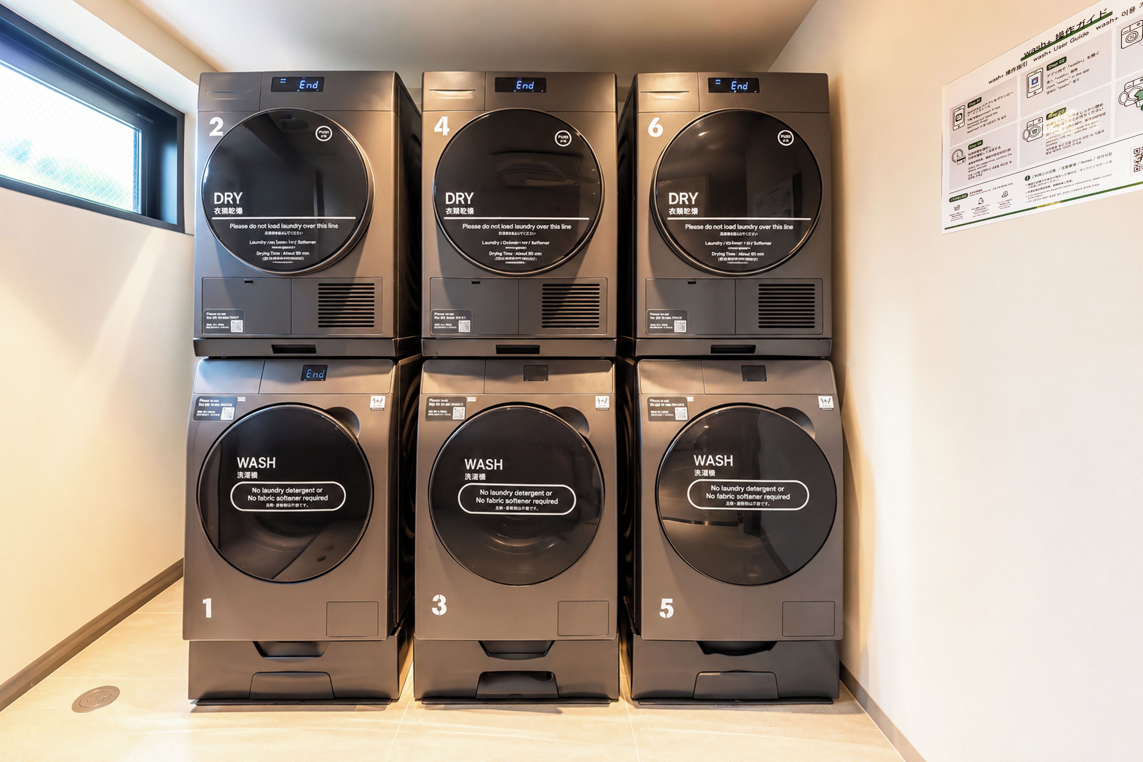 A row of six stacked laundry machines with labels indicating their functions, such as 'DRY' and 'WASH'.