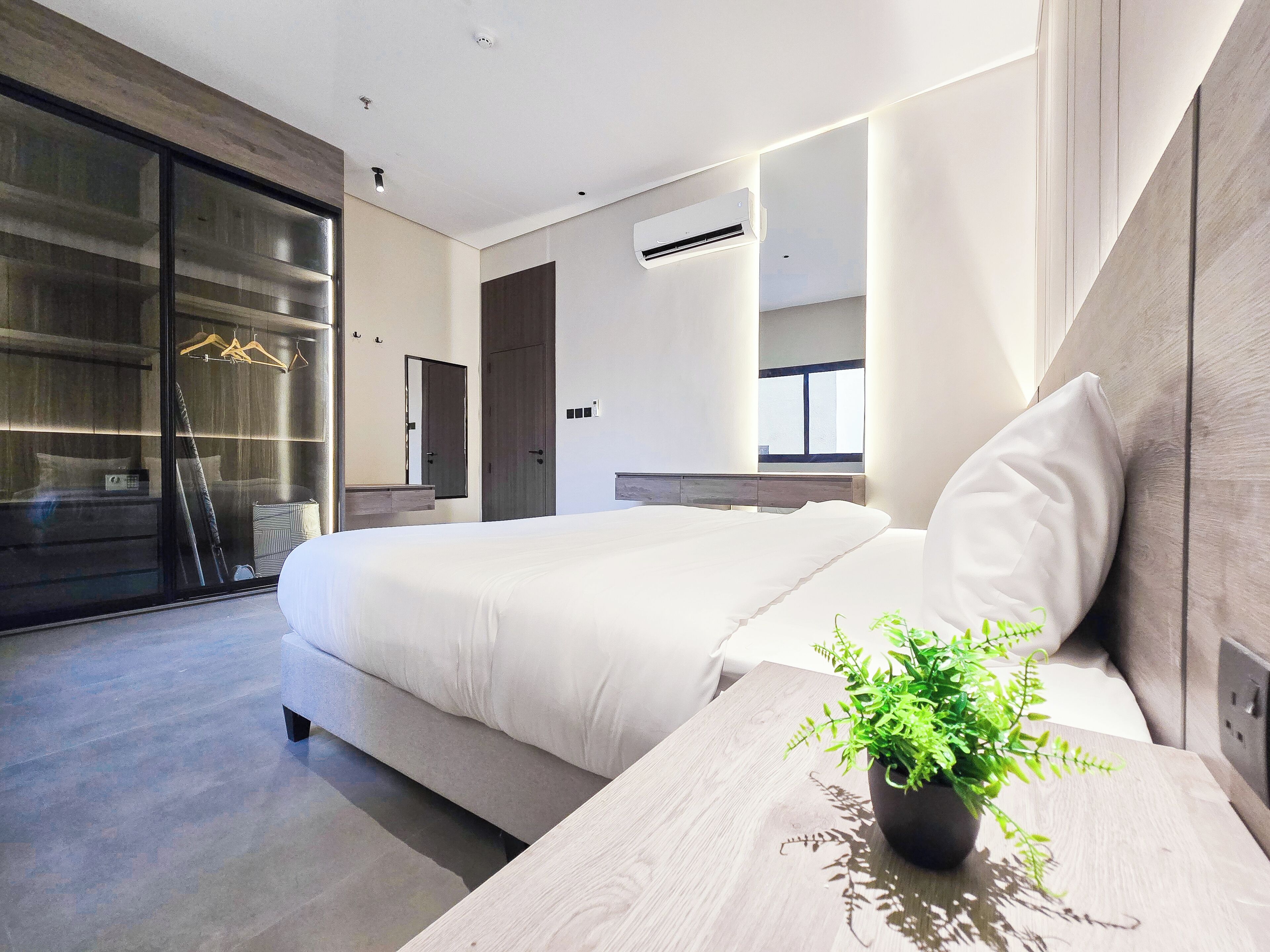 A modern hotel room with a large bed, bedside table, and a potted plant.