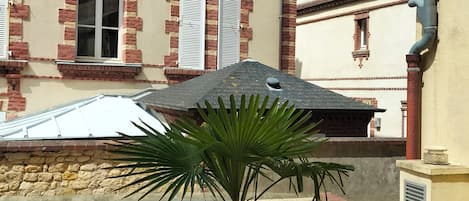 A building with a brick facade, multiple windows with shutters, and a potted plant in the foreground.