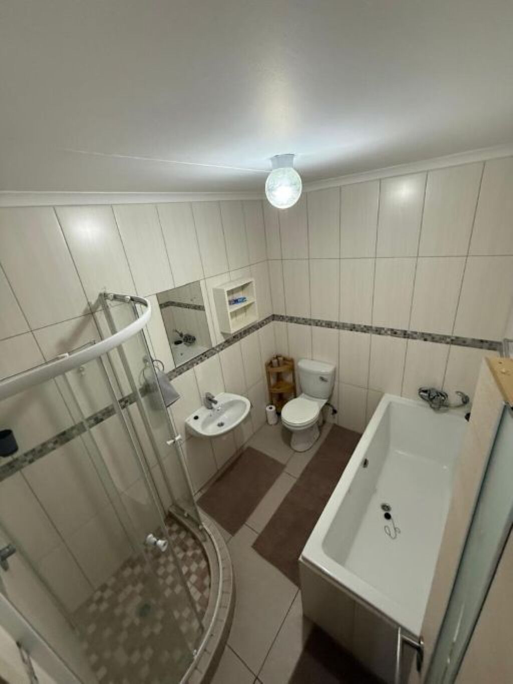 Hair dryer, towels, soap, toilet paper