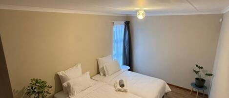 A bedroom with two beds, a potted plant, a small table, and a ceiling light.