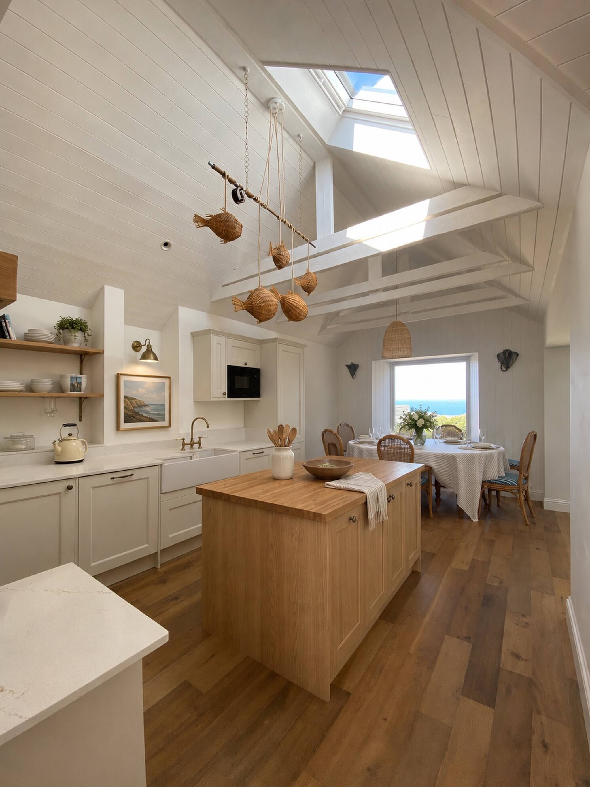 Una cocina amplia con una isla central, piso de madera y tragaluces.