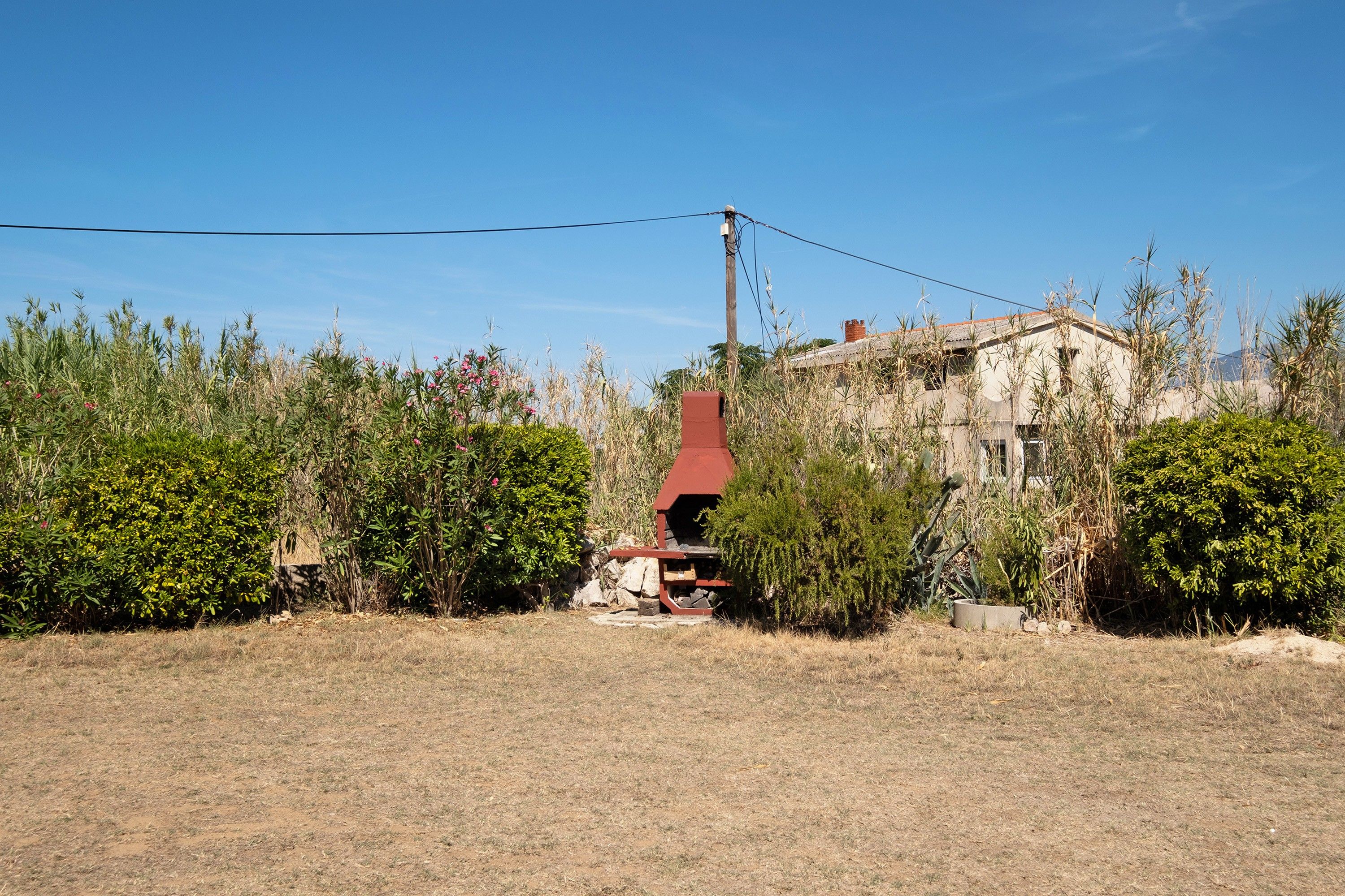 A rustic building with a red chimney, surrounded by dry grass and dense vegetation.