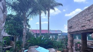 A pool area with a rock formation, palm trees, and a building with a red roof in the background.