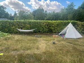 A tent and a hammock in a grassy area with a hedge in the background.