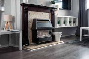 Een moderne woonkamer met een open haard, een flatscreen televisie aan de muur en een witte kast met plantenpotten.