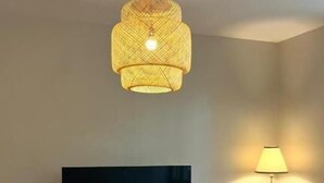 A living room with a flat-screen TV, two armchairs, a coffee table, and a hanging light fixture. - Appartement Jehan de Beauce (Chartres)