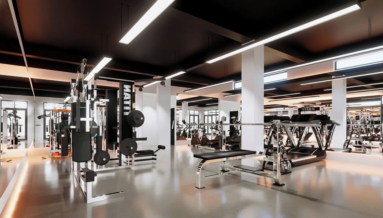 A modern gym with various exercise equipment, including weight machines and free weights.