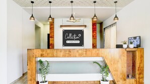 A reception desk with a sign that reads 'Collection Company-Served'. There are two potted plants on either side of the desk, and a flat-screen TV on the right side. - Collection O Shirdi (Shirdi)