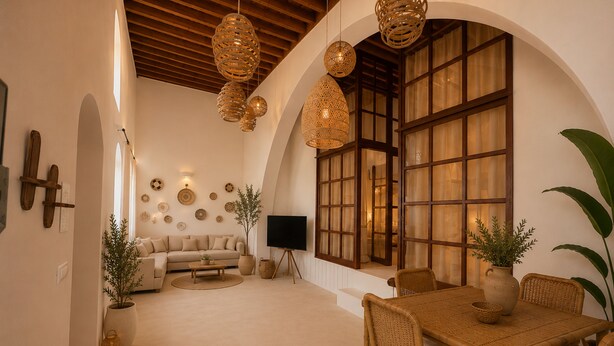 A cozy living room with a sofa, a dining table with chairs, and a large window with curtains. - Villa located in Lindos (Rhodes)